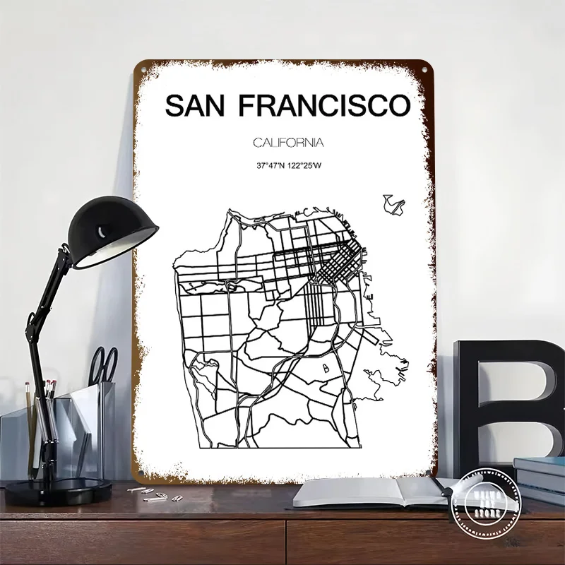 San Francisco City Map Printed Poster Customized Retro Wall Art Vintage Metal Tin Signs for Home Room Accessories Office Decor