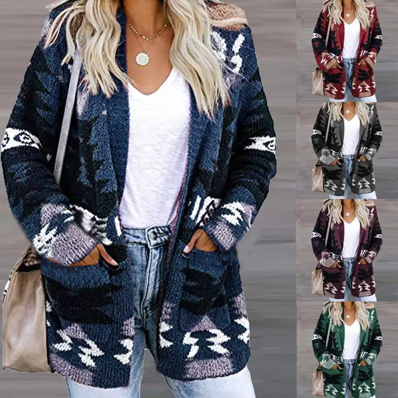

Women's Festival Printed Knitted Cardigan Polyester Fiber Regular Sve Open Cardigan Geometric Pattern Autumn Season