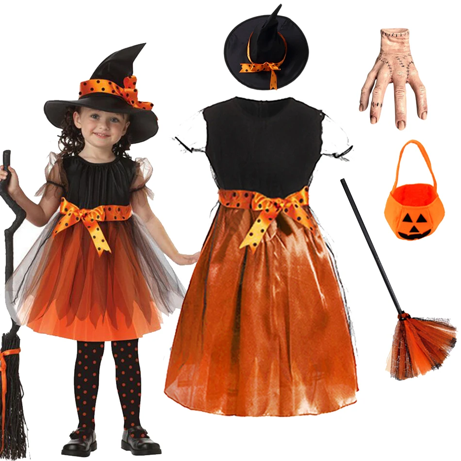 

Baby Pumpkin Costume Girls Princess Pageant Dress Children Vampire Performance Elegant Clothes Witch Halloween Romper 1-12 Years
