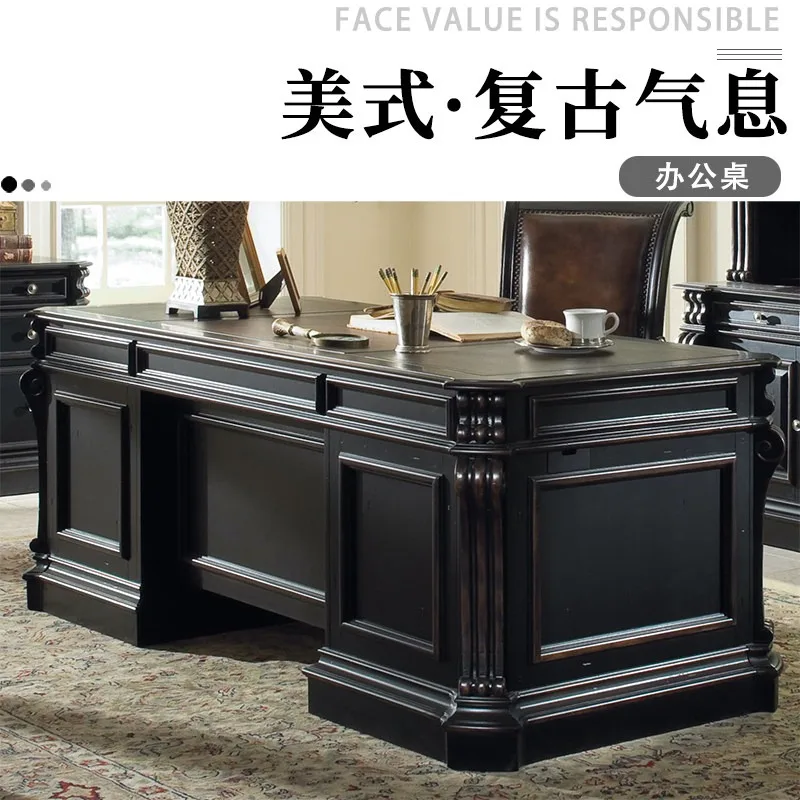American vintage solid wood desk European style carved boss desk office president