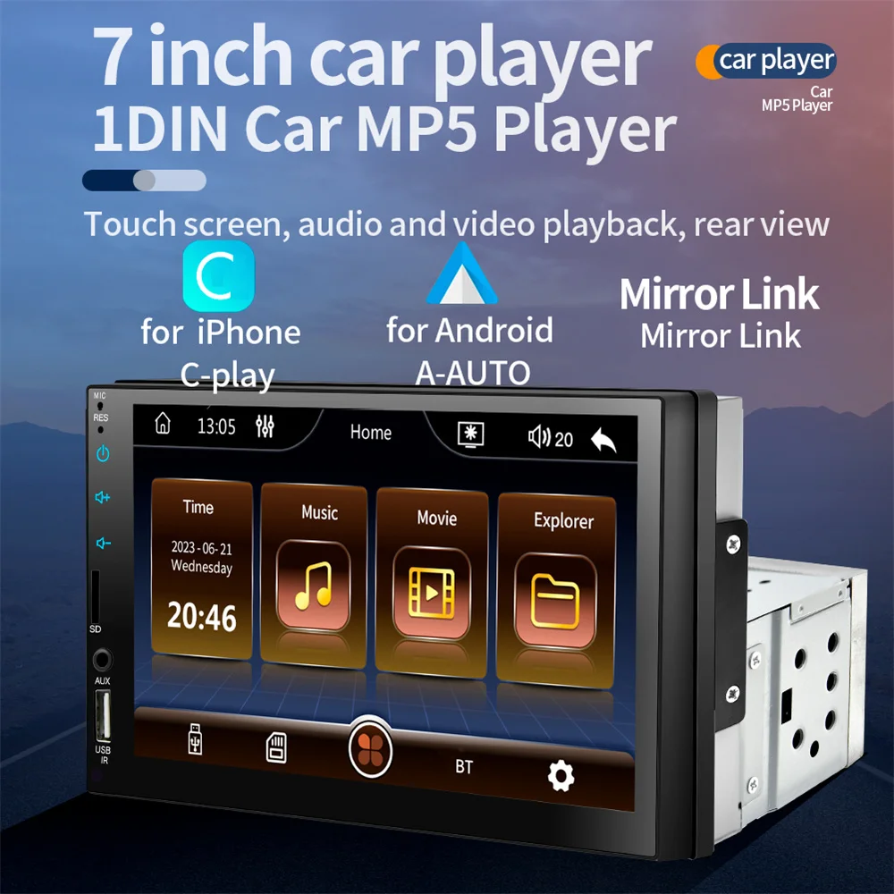 7“ Car Radio 1 Din Carplay Android Auto Multimedia Player HD Touch Screen FM AUX Input Bluetooth MirrorLink Universal Autoradio