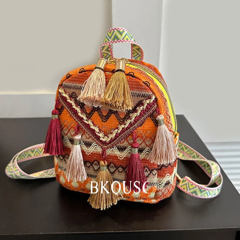 BKQUSC Fashion Mini Straw Woven Women's Backpack Stylish Ethnic Style Retro Color Stitching Small Backpacks Female Storage Bag