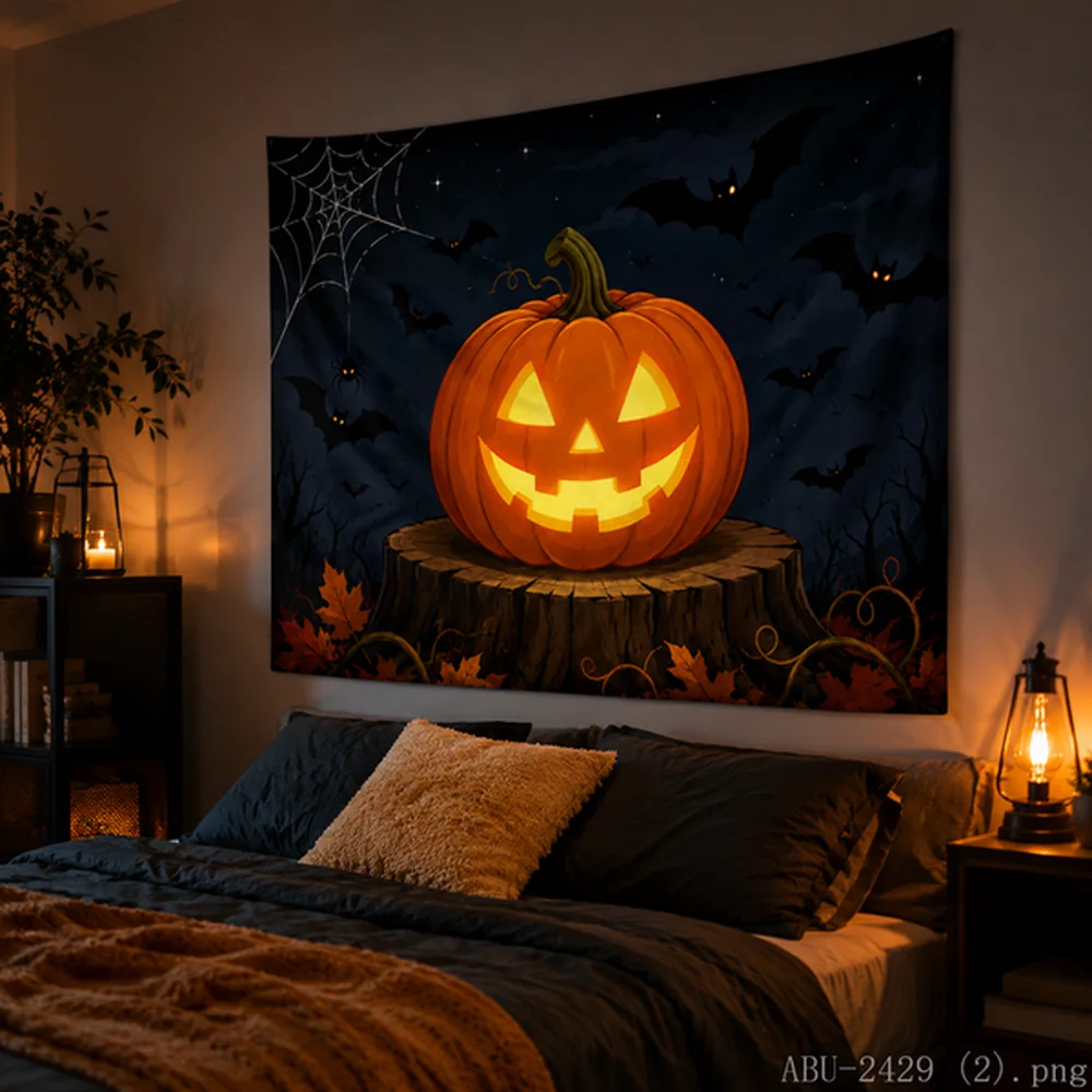 VIKAMA Halloween Tapestry – Glowing Jack-o'-Lantern Row, Crescent Moon, Flying Bats, Giant Spider Web, Purple Night