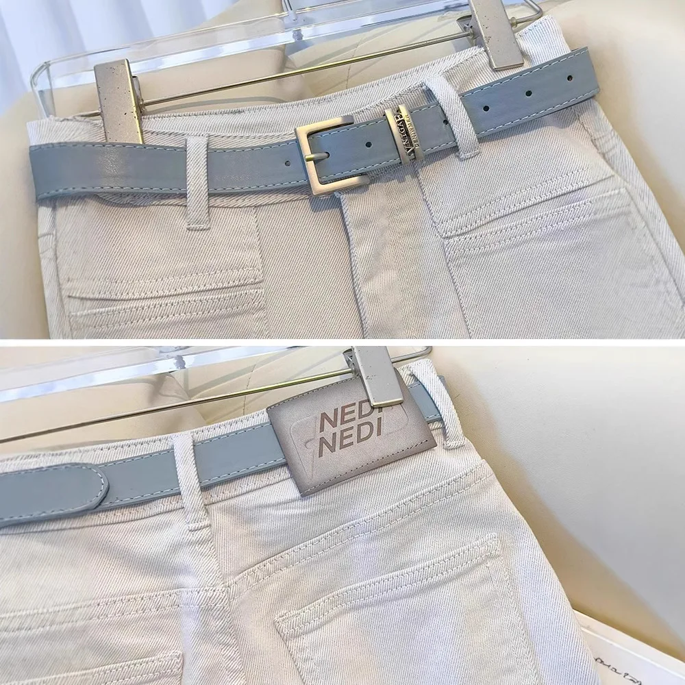 Jeans de perna larga cinza claro e branco feminino primavera 2025 novas calças de cintura alta estreitas e retas