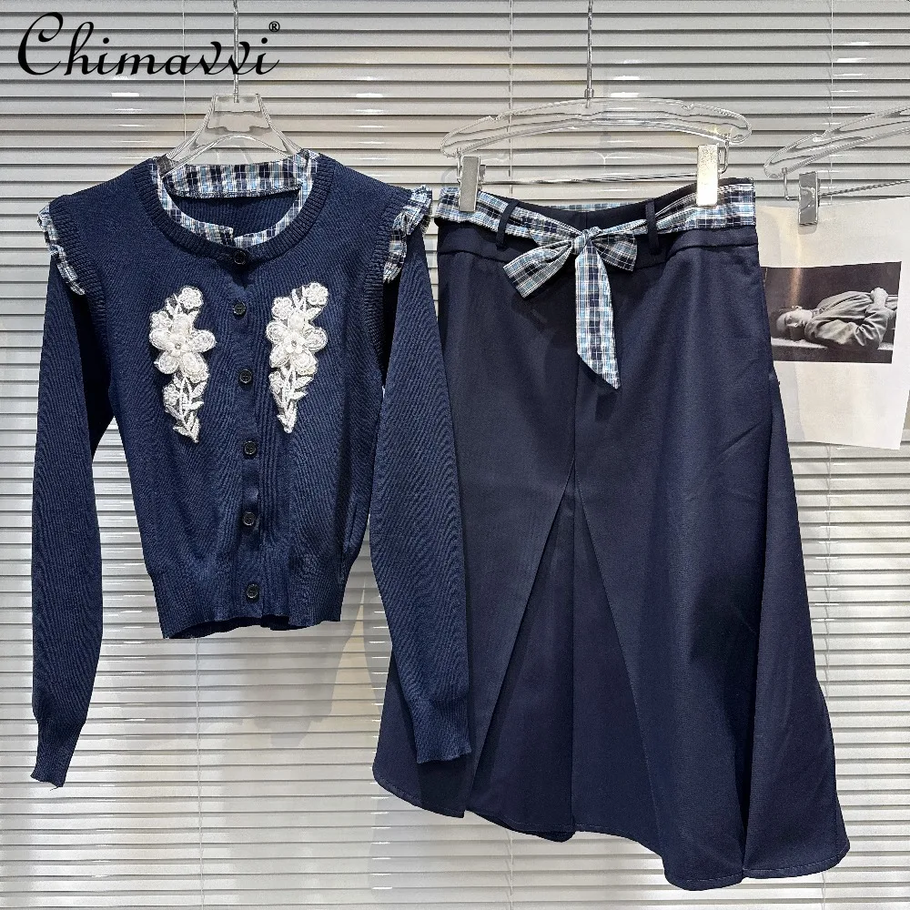 

French Elegant Fashion Embroidered Single-Breasted Knitted Cardigan High Waist Plaid Bow A-Line Long Skirts Two-Piece Set Women
