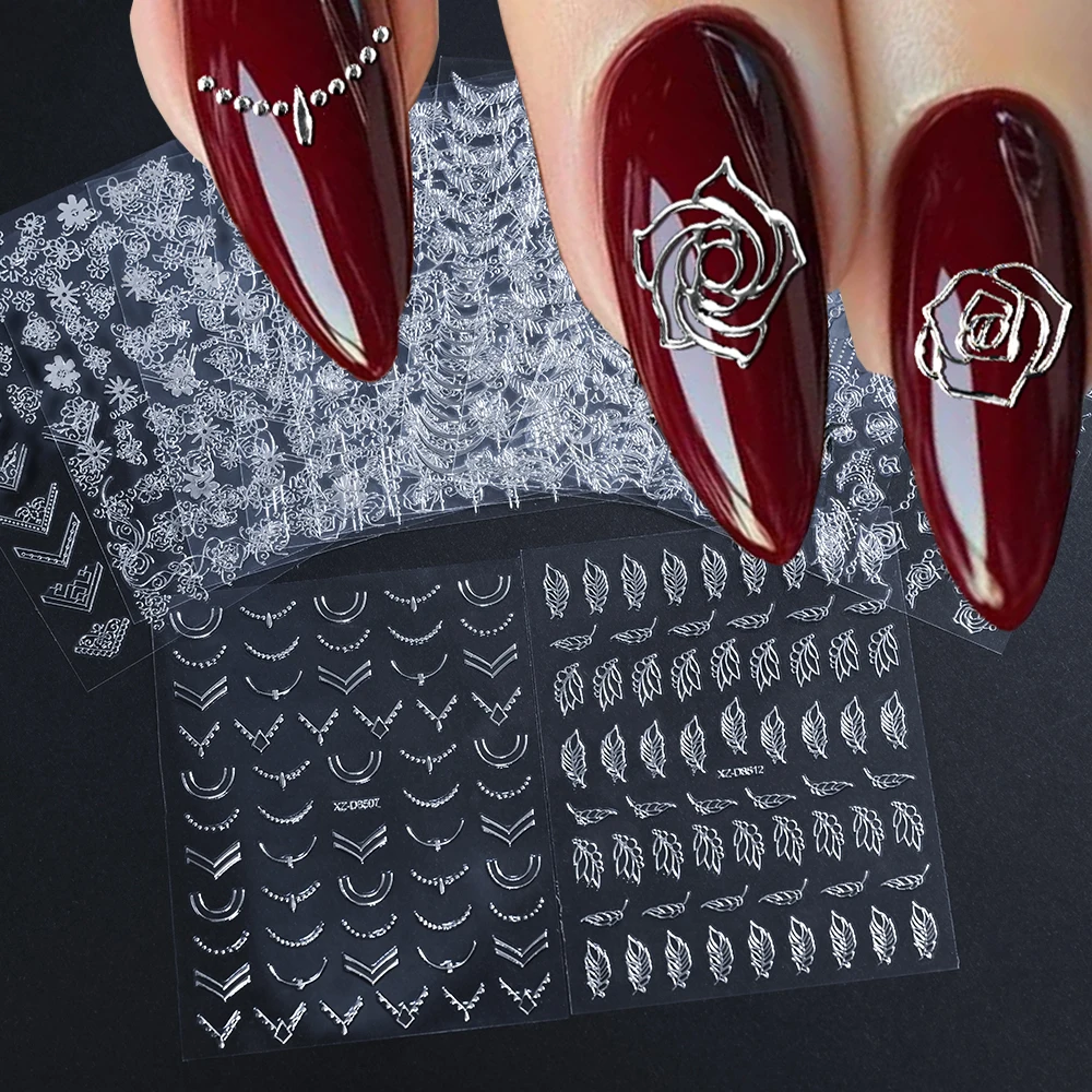 

12pcs French Line Pattern Nail Art Sticker Set Silver/Gold Self-Adhesive Geometric Leaves Flower Nail Decals DIY Simple Manicure