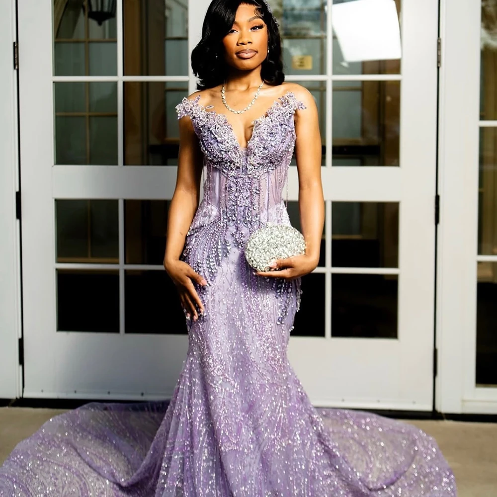 Purple Long Prom Dresses 2026 For Black Girls Corset Sweetheart Sequin Crystal Tassel Evening Gowns For Party Customized