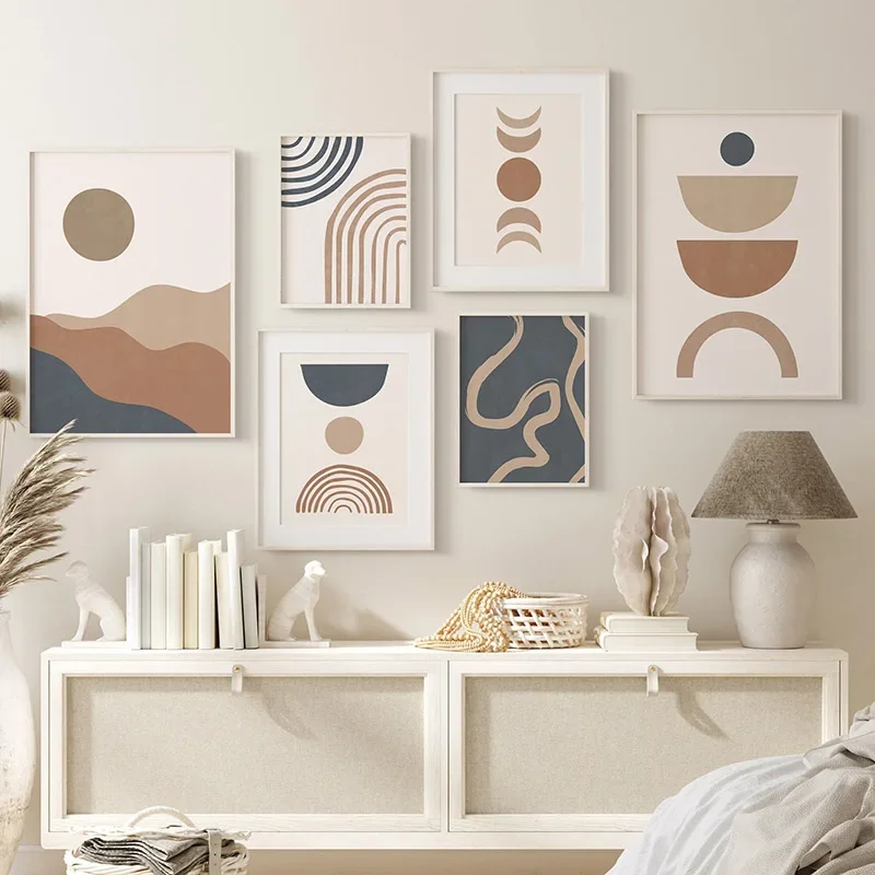 Multi-size 1PC frameless high-definition decorative paintings,Boho Wall Art Canvas Painting Geometry Line Phase Of The Moon Leaf