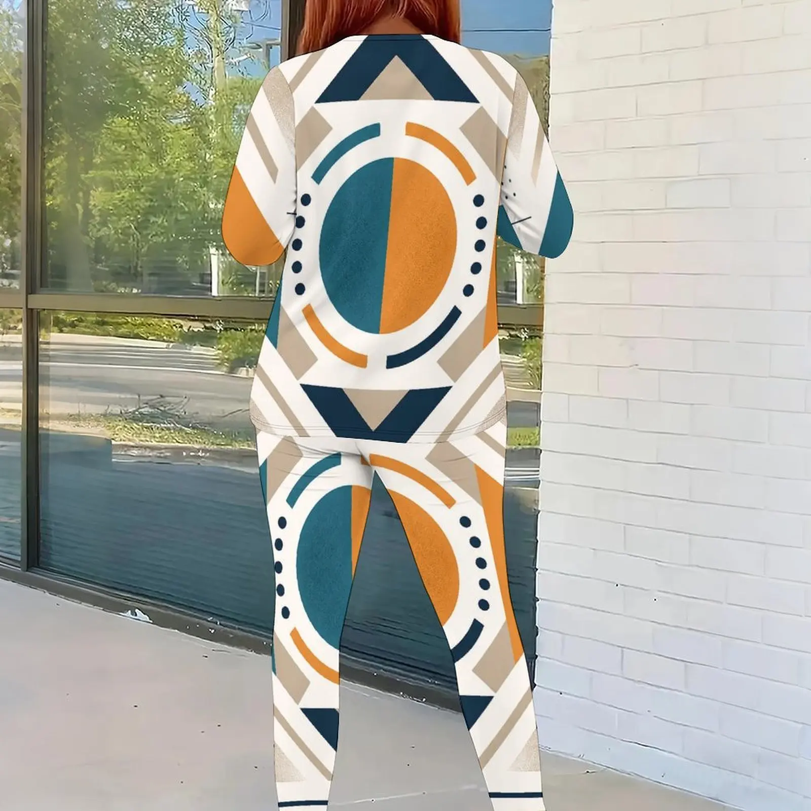 Women Abstract Brush Stroke Printed Long Sleeve Round Neck Top and Fitted Pants Two Piece Set