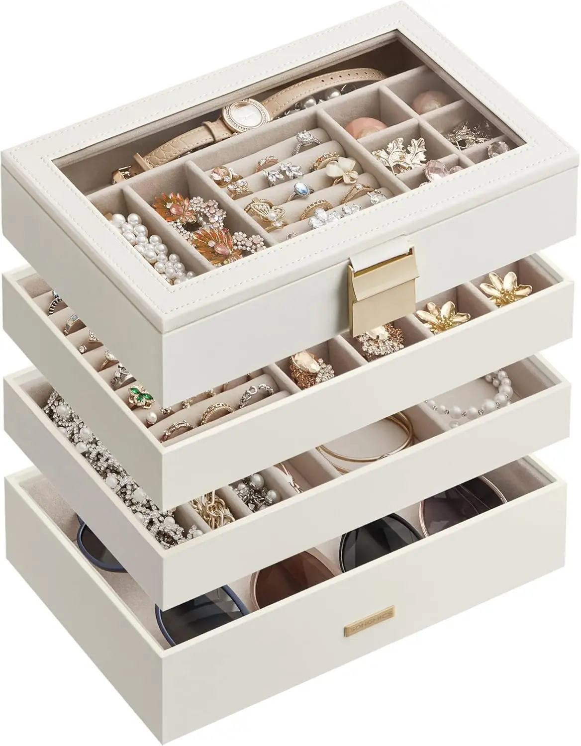 

4-уровневый штабелируемый органайзер для ювелирных изделий со стеклянной крышкой, съемными перегородками, для туалетного столика, 6,7x11x7,2 дюйма, облачно-белый