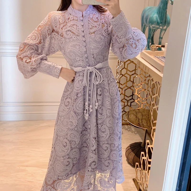 

Long Sleeve Party Luxury Spring Embroidery Lace 2023 Dresses for Women Solid Purple Elegant Autumn Woman Dress Vestido Feminino
