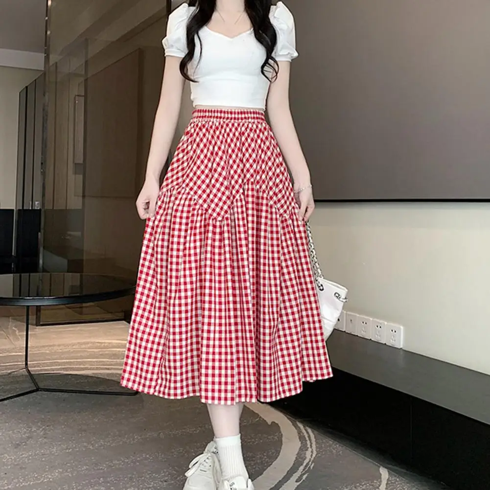 

Plaid A-line Midi Skirt Retro Style Plaid Print A-line Midi Skirt with Elastic High Waist for Women Swing Skirt for Wear Vintage