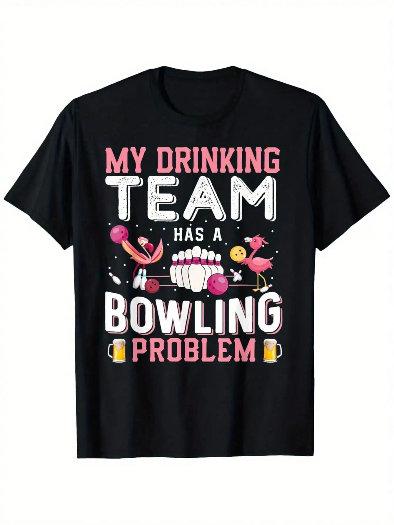 

[Team Spirit] Men's Flamingo Bowling Team T-Shirt - "My Drinking Team Has a Bowling Problem" Graphic,