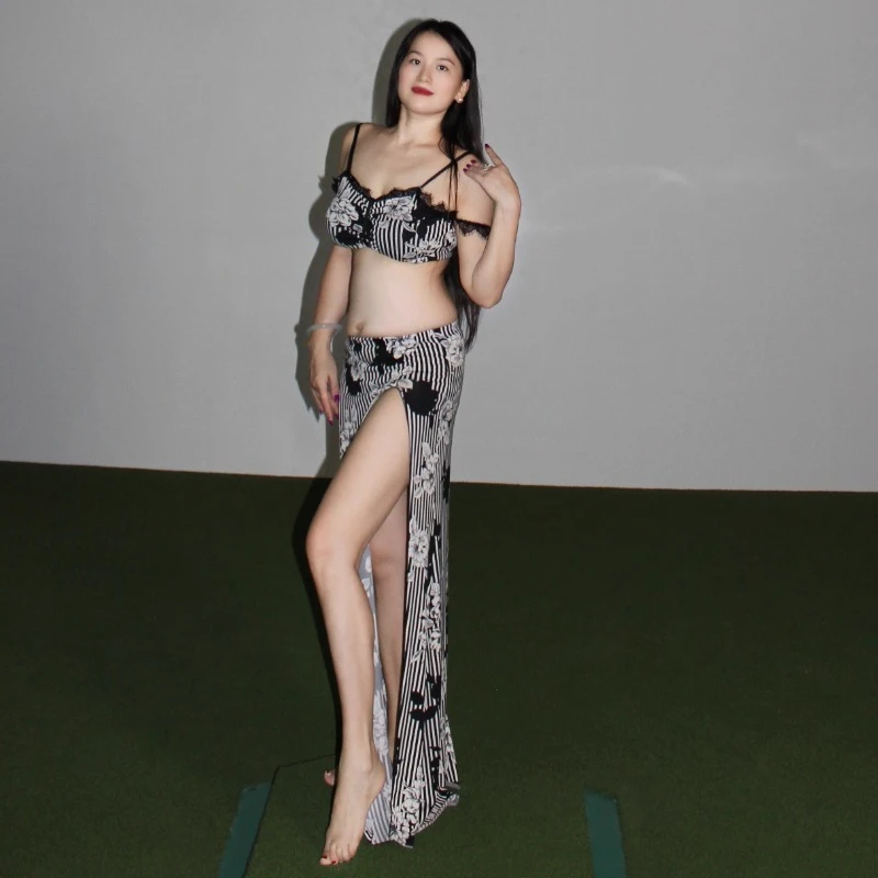 Customized Belly Dance Costumes Beginner Sexy Long Skirt Plus Size Performance Suit Striped Practice Suit Set Lace