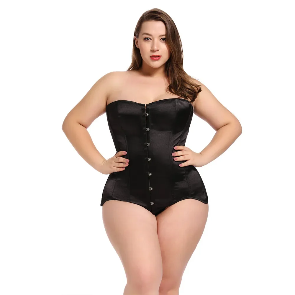 Women Sexy Corset Gothic Long Torso Corsets Satin Black Overbust Waist Training Bustier Shapewear Cincher Plus Size Corselet