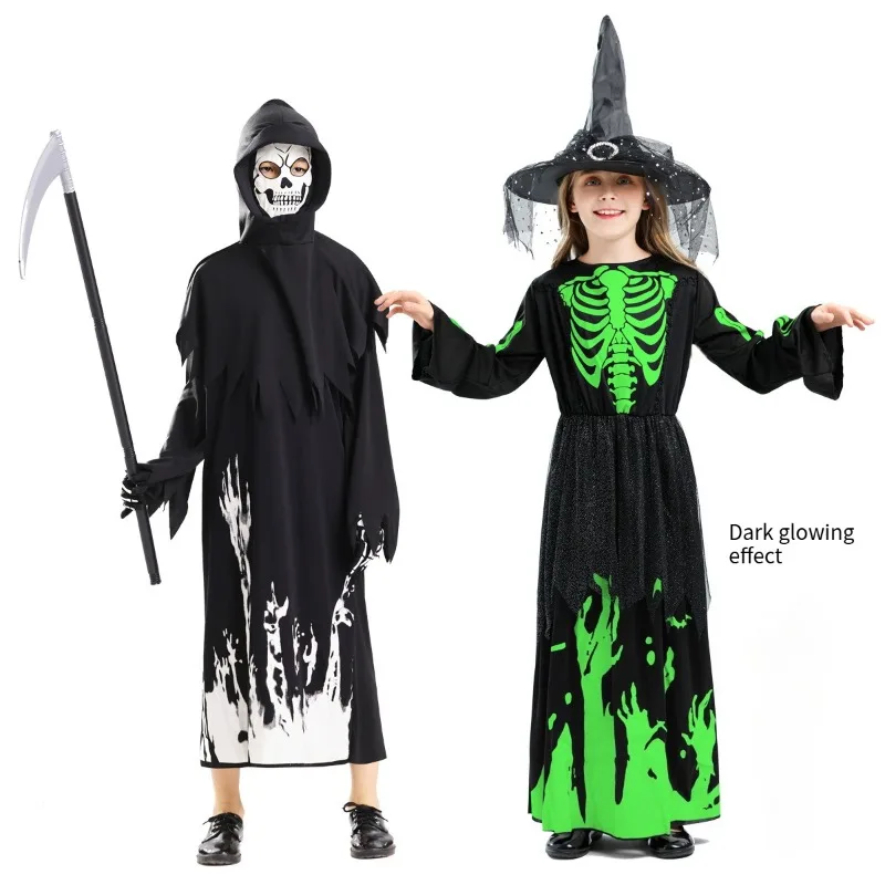 جديد ليلة ضوء الموت ريبر المنجل الأطفال الساحرة الديكور الأسود أنثى تأثيري الساحرة هالوين زي