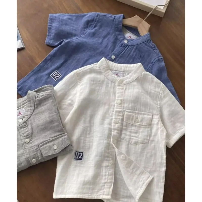 100-160cm Summer Thin Boys Short Sleeved Soft Shirt Baby Stand Up Collar Casual Top 2026 New Children's Gauze Shirt Boys Shirts