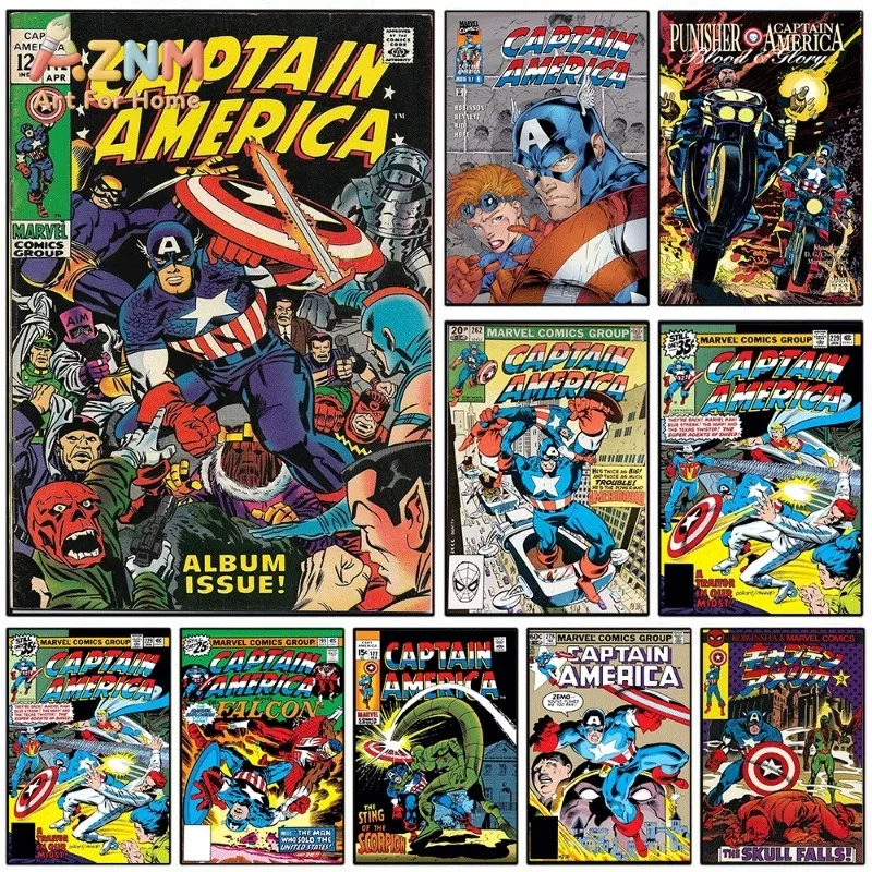 Captain America Vintage Comic Collage Canvas Wall Art Retro Superhero Poster For Bedroom Living Room Home Background Decoration