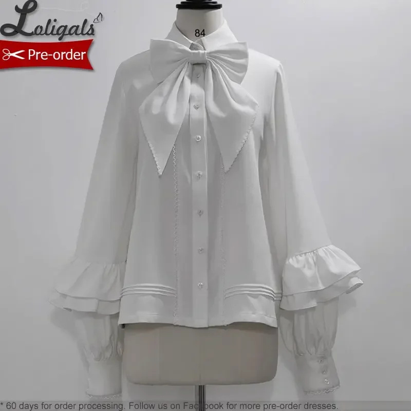 قميص لوليتا أبيض قوطي بأكمام طويلة شورت بحمالات من Ouji Prince باللون الأسود القديم مع القوس ~ دمية أنيقة من Princess Chronicles