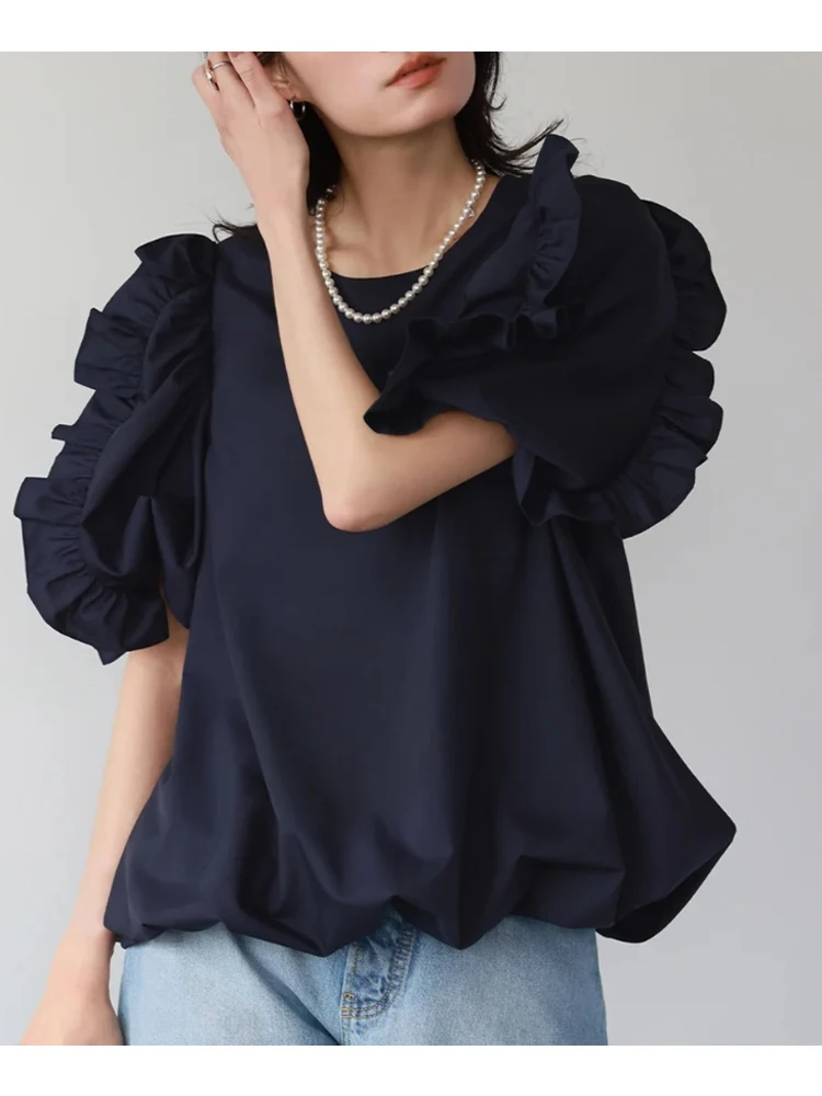Puff Sleeve Stylish O-neck Loose Female Pullovers Blouses Spring Summer Fashion Short Sleeve Ladies Blouses Shirts Women Tops