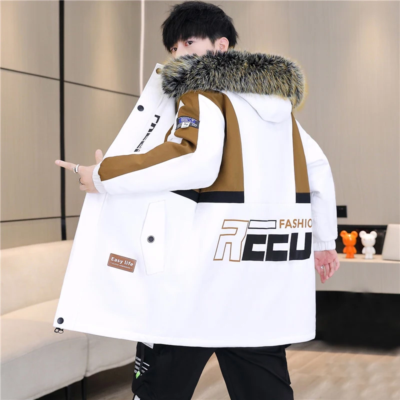 Fashion 2024 Autumn Winter Men's Hooded Plush Thicken Jackets Youth Streetwear Loose Fleece Coat Fur Collar Warm Parkas Clothing