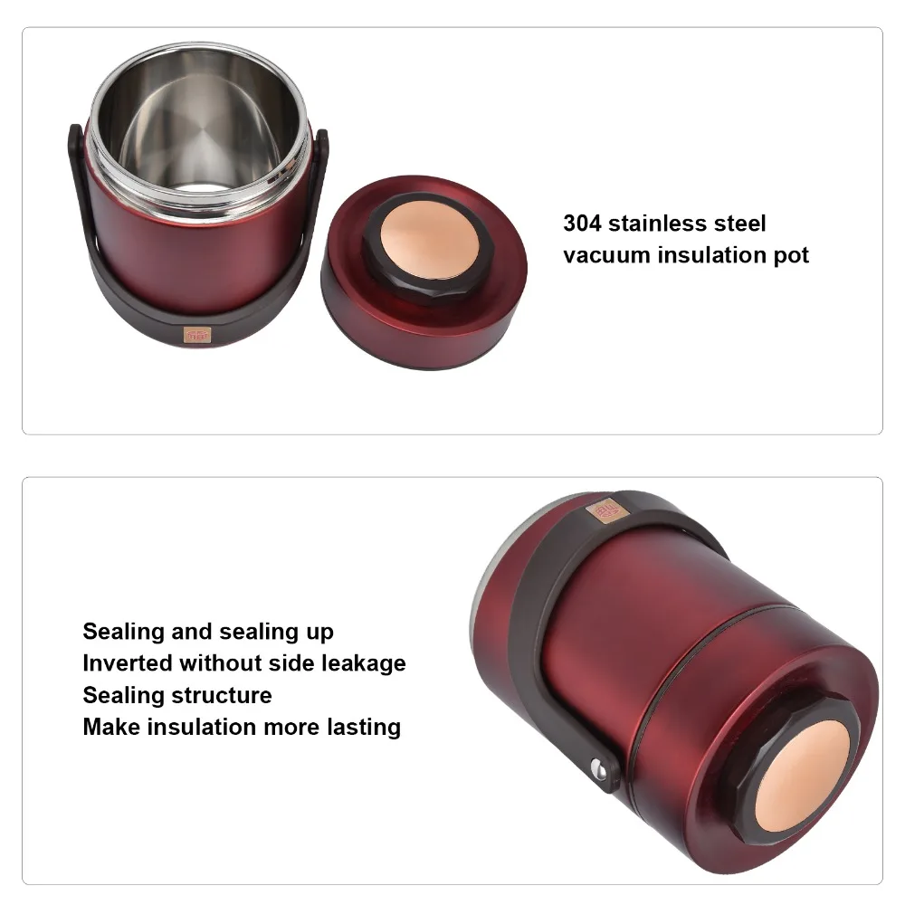 Stackable 304 Stainless Steel Insulation Lunch Box 2-Tier 1.5L Stainless Steel Lunch Box Red/Gold Hot Food Thermos For Adults