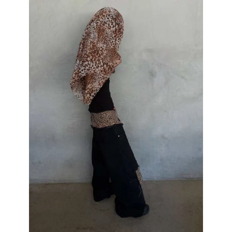 미국 복고풍 하이 스트리트 패션 y2k 문화 디자인 감각 레오파드 무늬 캐주얼 데니를 드래그하는 바닥 더블 팬츠와 접합