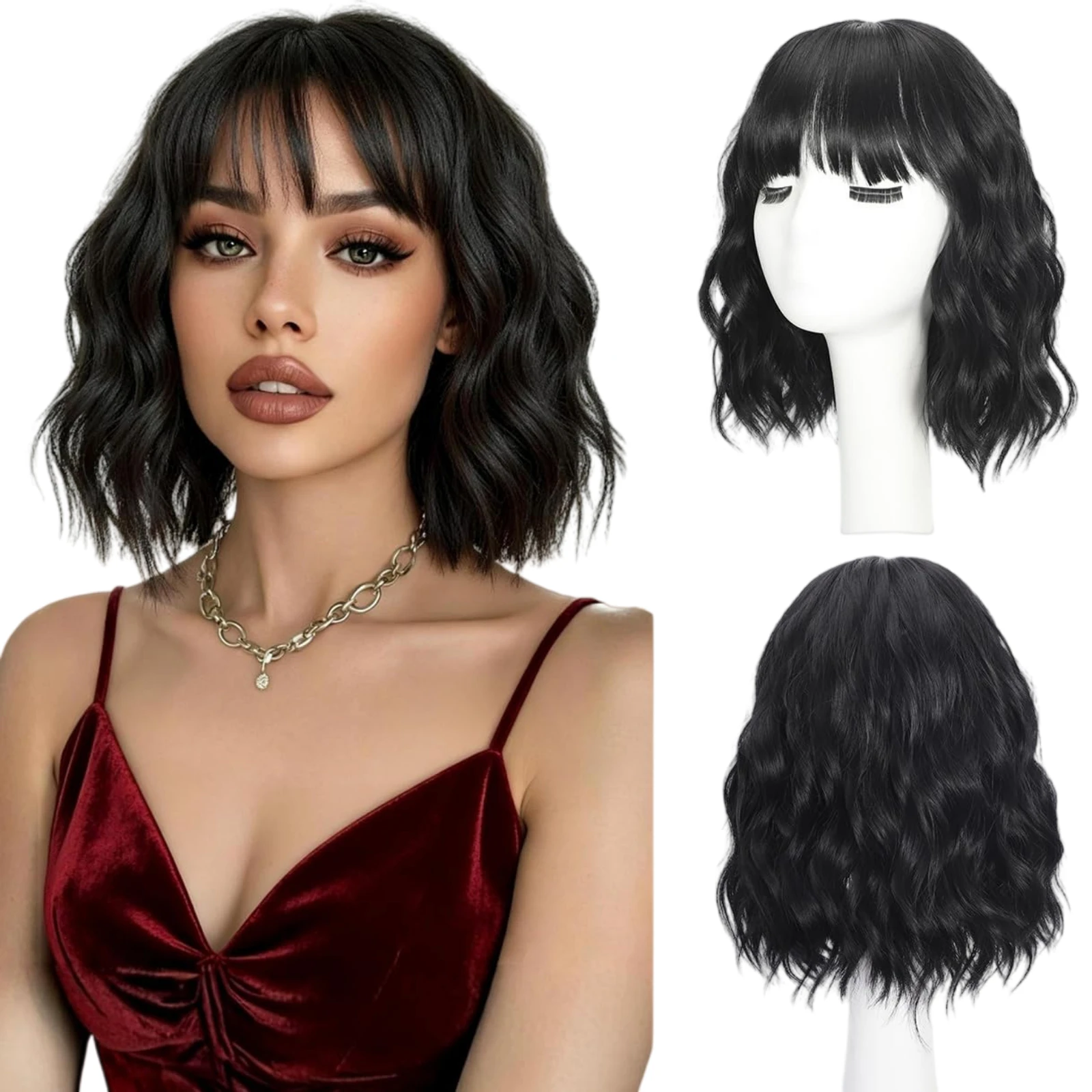 AwwwCos Women Short Wavy Bob Wig with Bangs 14 Inch Multi Colored Natural Water Wave Curly Wig for Daily Party Halloween Cosplay