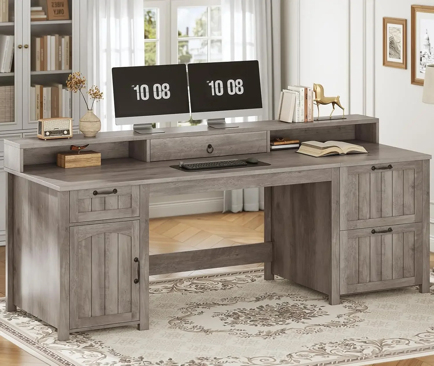 "Farmhouse 63” Executive Desk, Wooden Computer Desk with Drawers & Storage – Includes File Cabinet for Home Office Organizatio image 2