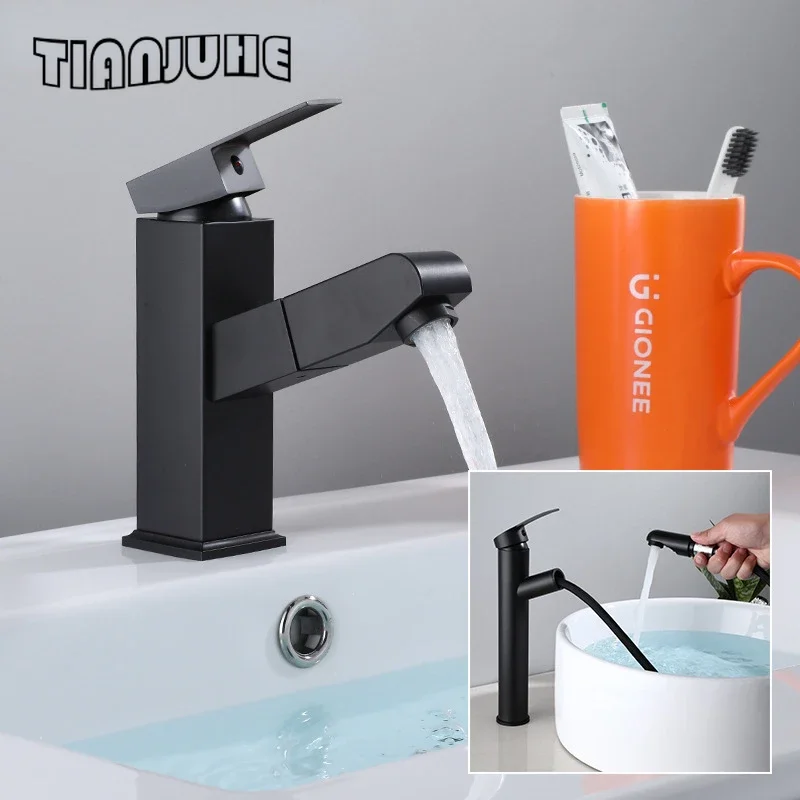 

Смеситель для раковины в ванной комнате с выдвижным распылителем Черный смеситель для раковины с одной ручкой для горячей и холодной воды Смеситель для туалетного столика с распылителем