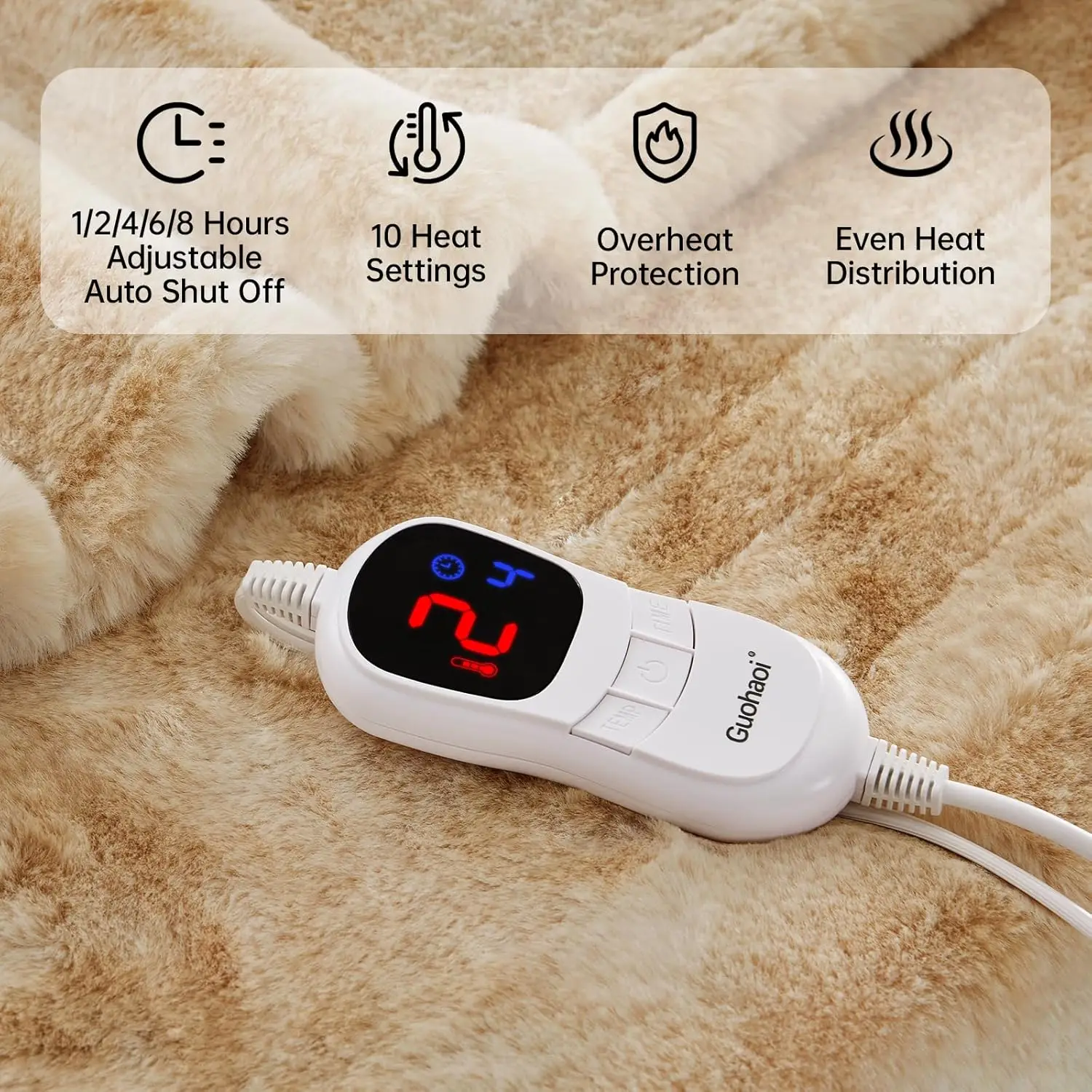 ソフトフェイクファー電気毛布、10段階の温度調節、5つのタイマーオプション、自動オフ機能、洗濯機で洗える（50x60 ベージュ）