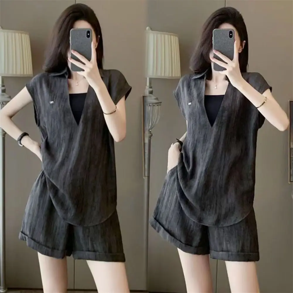 Retro Fashion Women\'s Set Summer New Loose Short Sleeves Fake Two Pieces T-shirt Top+wide Leg Shorts Two-piece Set for Women