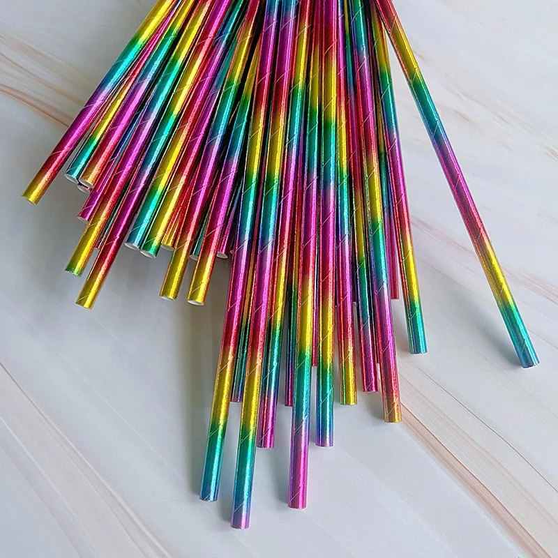 25pcs Colorful Gilded Disposable Paper Straws Seven Rainbow Paper Straw Tableware Paired Beverage Tubes Birthday Party Supplies