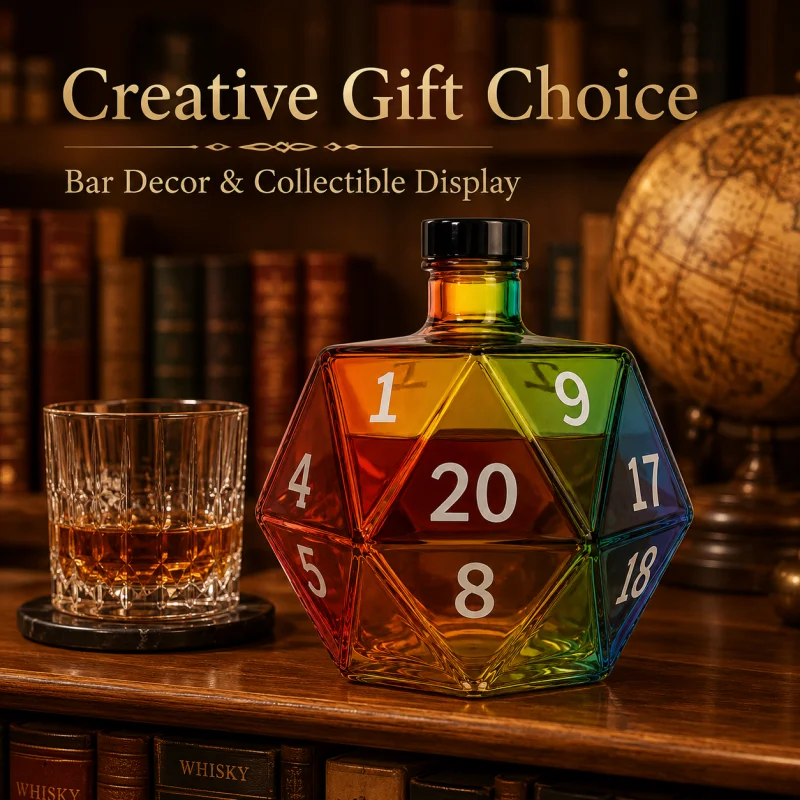 Creative D20 Dice Shaped Glass Decanter Rainbow Whiskey Bottle Polyhedral Wine Flask for Bourbon Spirits Bar Decor Gift