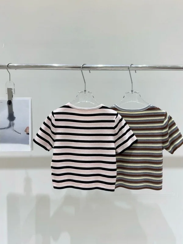 Color Block Striped Short Sleeve T-Shirt Women's Slim Fit High Waist Elastic Simple Summer Top Youthful Style round Neck Shor...