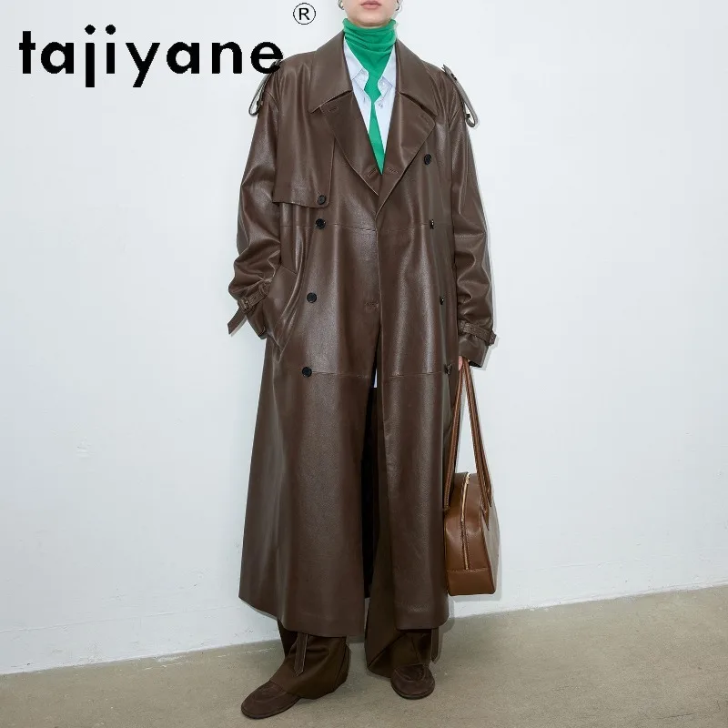 TAJIYANE Sheepskin Genuine Leather Jacket Women Outerwear Long Leather Trench Coat 122cm Oversized Jackets with Belt Косуха 2026