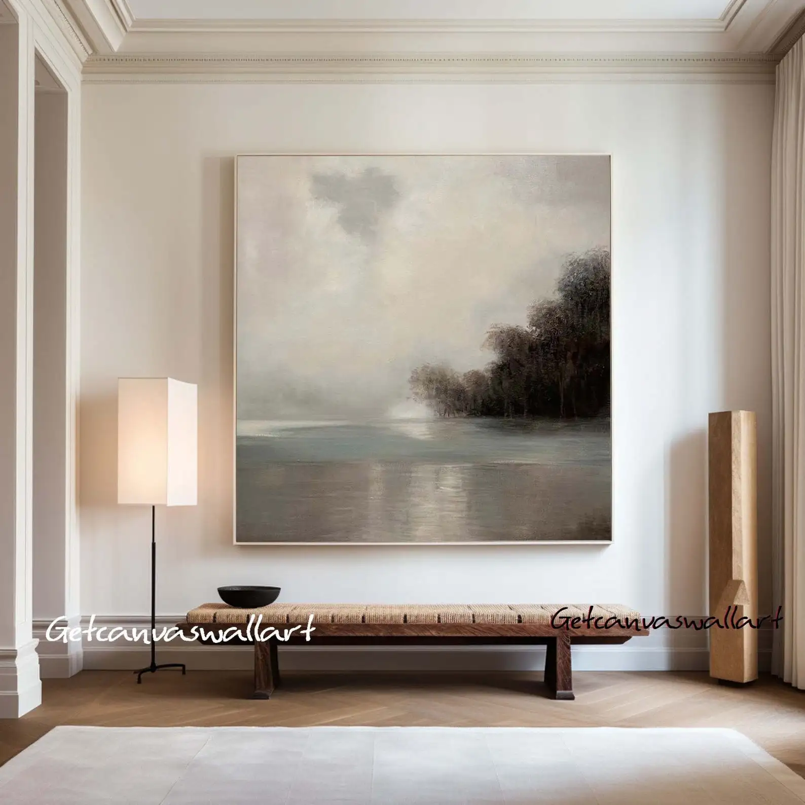 Mhemyo Neutral Minimalist Hand Painted Landscape Oil Painting Misty Lake Wall Art Calm Water Reflection Canvas For Living Room