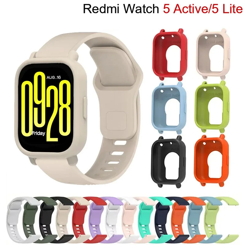 Pulseira de Silicone Original + Capa para Xiaomi Redmi Watch 5 Active, pulseira esportiva para smartwatch, bracelete Redmi Watch 5 Lite.