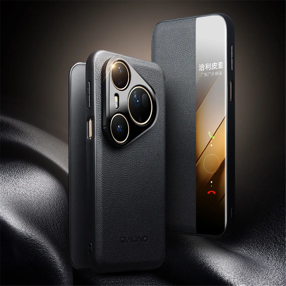 Genuine Cowhide Leather Magnetic Flip Case for Huawei Pura 80 Ultra 80 Pro Window View Full Cover