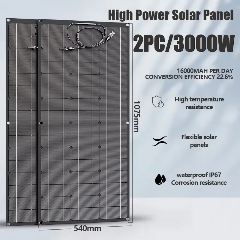 2PCS 3000W Monocrystalline Flexible Solar Panels Total 6000W, IP67 Waterproof Solar Module for RV, Camper, Boat Off-Grid Chargin