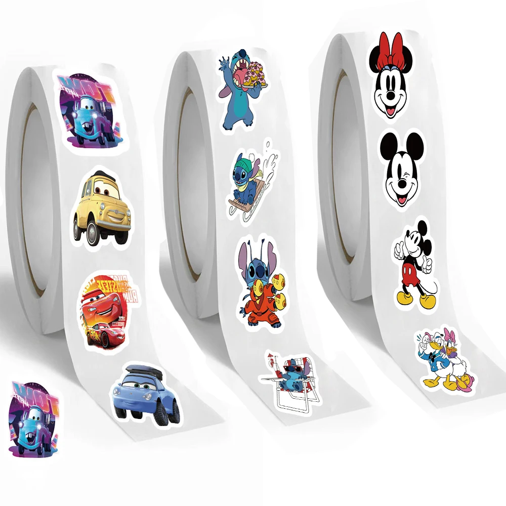 500 Uds Disney Cars Frozen Lilo y Stitch Mickey Mouse pegatinas rollo DIY teléfono recompensa etiqueta de sellado redonda pegatina de pared juguete para niños