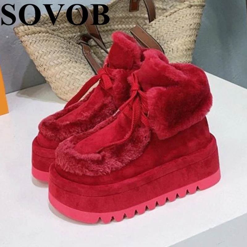 Winter Soft Thick Increased Height Soled Snow Boots Women Lace Up Solid Color Ankle Botas Warm Real Wool Anti Slip Short Boots