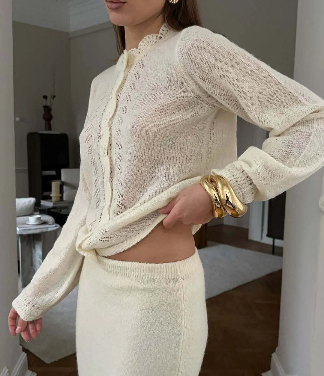 Maglione lavorato a maglia rotondo Ne Pure Color Cardigan aperto Top scollato in pizzo da donna Slim Fit lungo Sve Color Commute Sle