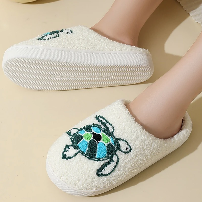 

Зимние теплые тапочки, женские тапочки с сердечком и черепахой, мужские, домашние, нечеткая обувь, плюшевая домашняя напольная нескользящая женская обувь на Хэллоуин, волосатая обувь