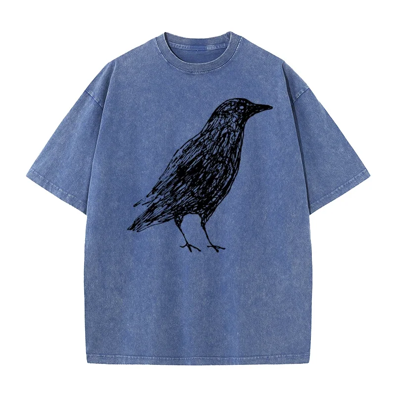 Sketch Bird Graphic Crew Neck Washed Tshirts Mother Day Tees Short Sleeve Classic 100% Cotton Funny Washed Tees Outdoor Adult