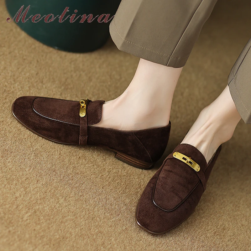 

Meotina Women Genuine Leather Round Toe Flat Loafers Metal Decoration Fashion Kid Suede Ladies Casual Shoes Autumn Spring Brown