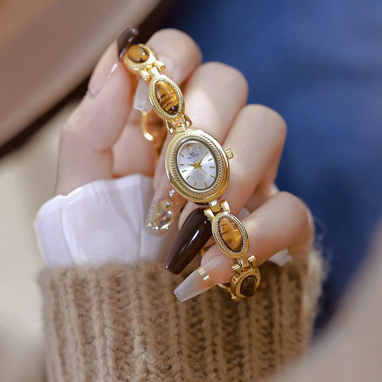 Light Luxury Brand Women Watch Premium Retro Gold Tiger Eye Stone Chain Waterproof Ladies Fashion Quartz Weistwatches