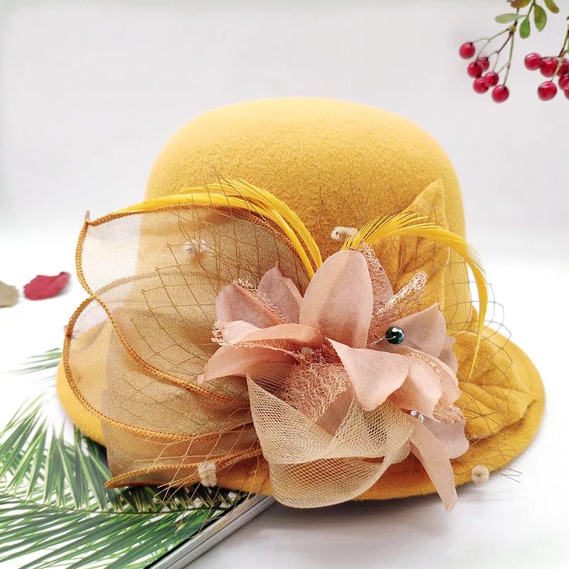 Classical Wool Felt Wide Brim Fedora Hat Pearl Belt Pink Solid Caps Men Women Winter Derby Wedding Church Jazz Hats