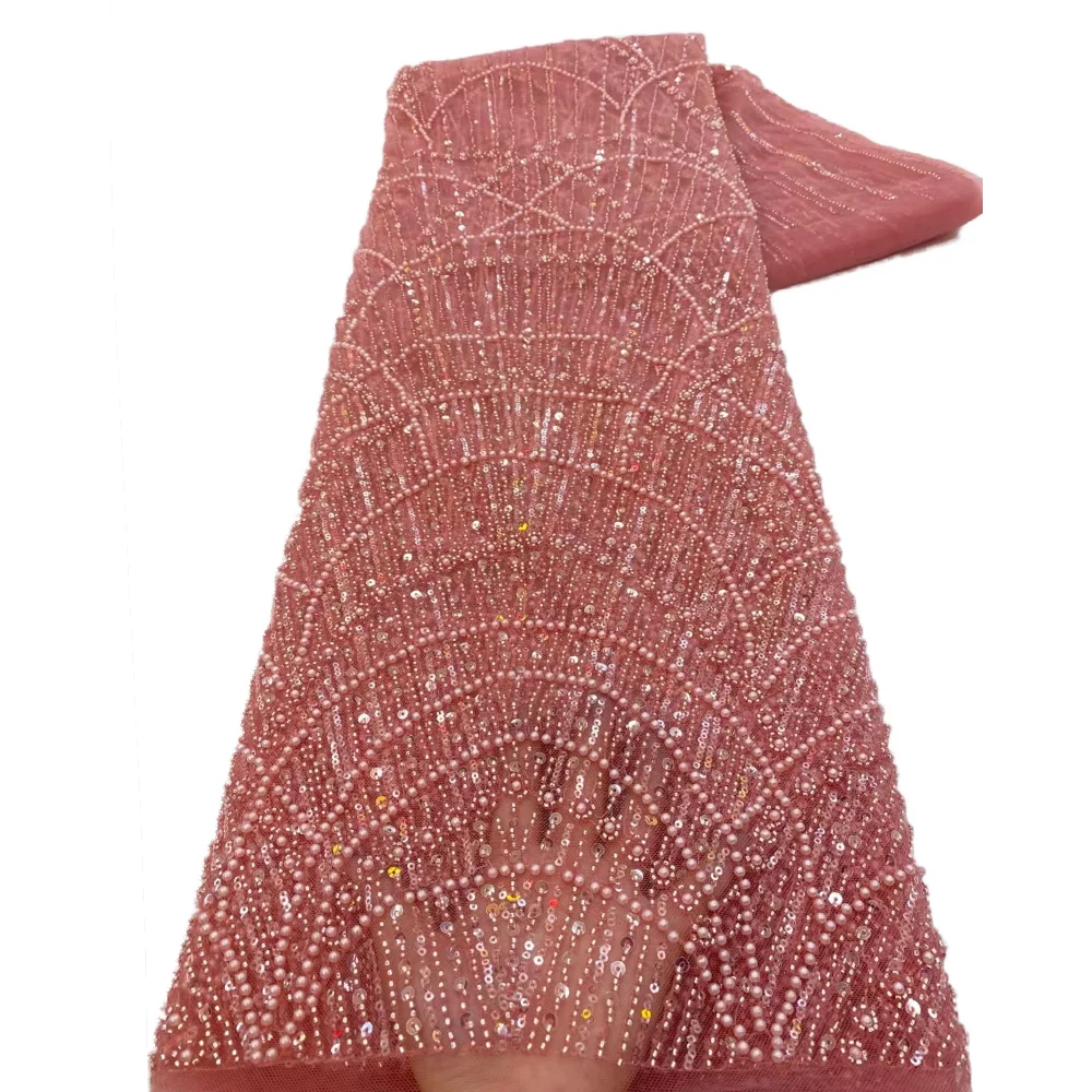 프랑스 튤 염색 비즈 레이스 원단 나이지리아 신상품 5야드 진주 스팽글 자수 비즈 레이스 원단 웨딩 드레스용