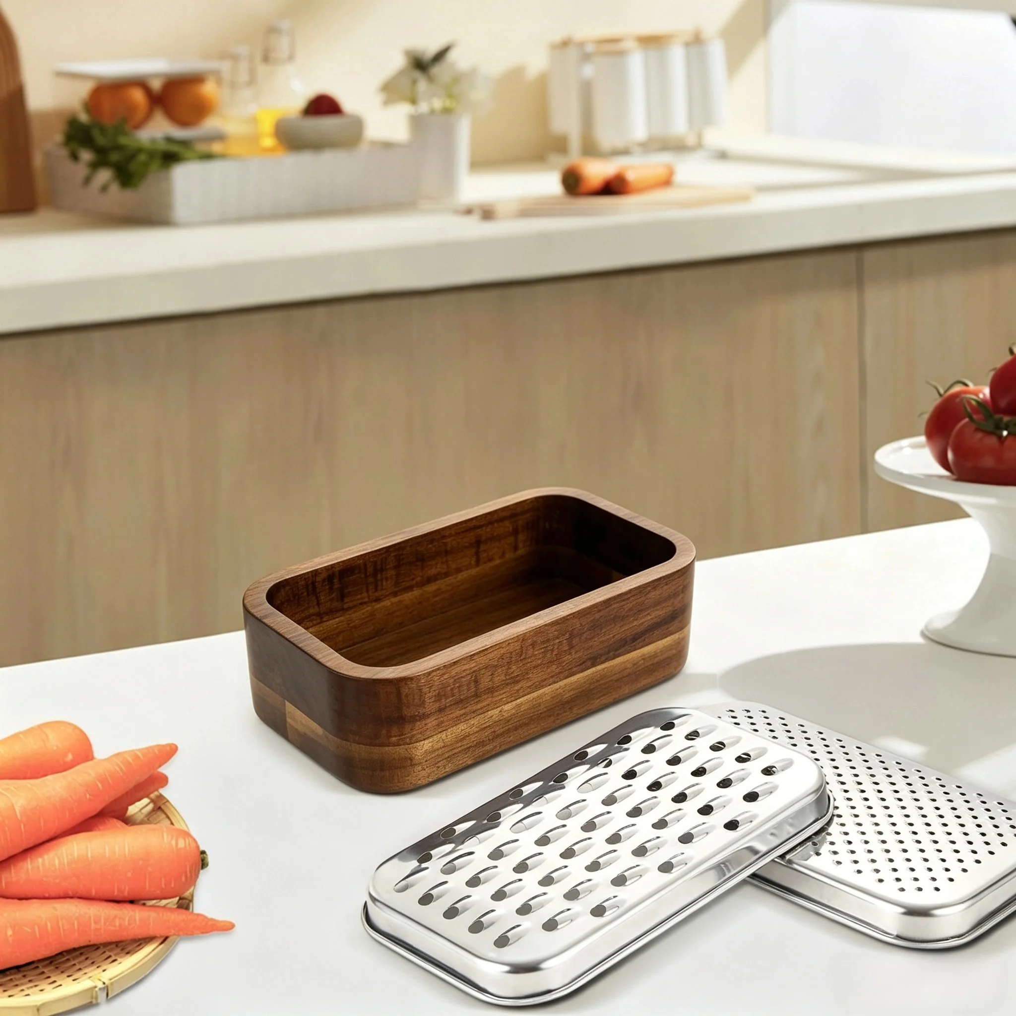 Juego de cortador de queso de acacia de 3 piezas con contenedor de almacenamiento de alimentos, cortador de cebolla para procesar frutas y verduras